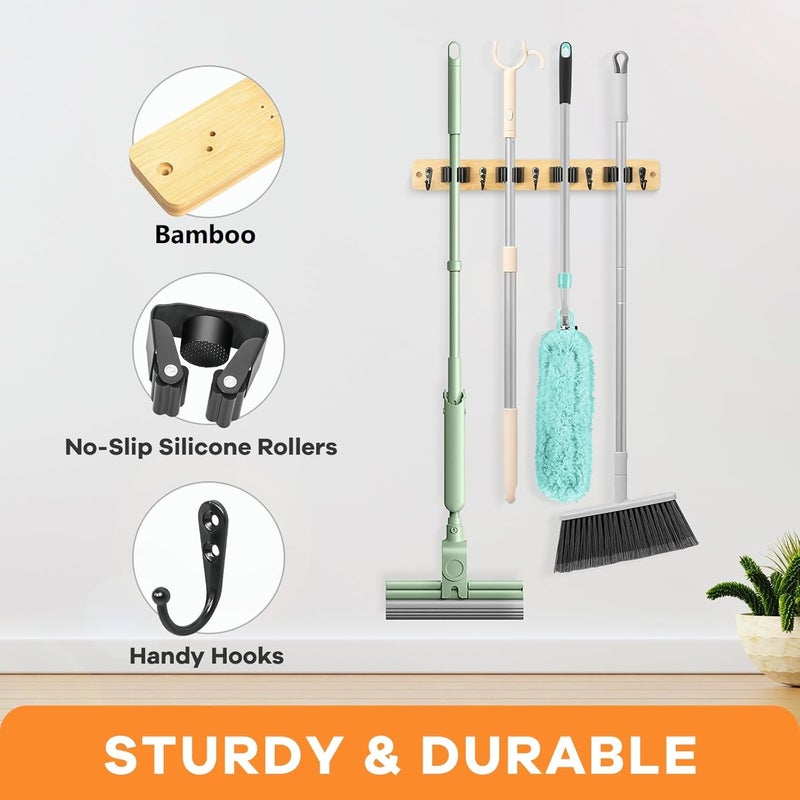 IMILLET Mop and Broom Holder Wall Mount, Bamboo Broom Hanger with 4 Racks and 5 Hooks, Laundry Room Decor, Self Adhesive Over the Door Broom Organizer, Wall Organizer for Home Garage Closet (1 Pack) - Image 3